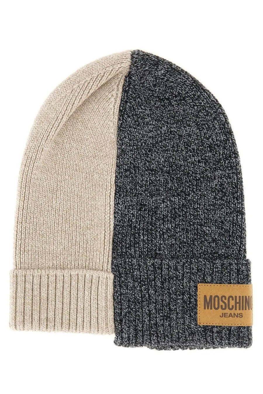 Moschino jeans womens wool cap grey two-tone beige and dark gray knitted beanie with ribbed cuff and tan leather patch
