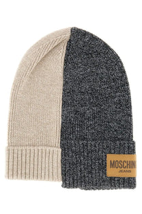 Moschino jeans womens wool cap grey two-tone beige and dark gray knitted beanie with ribbed cuff and tan leather patch