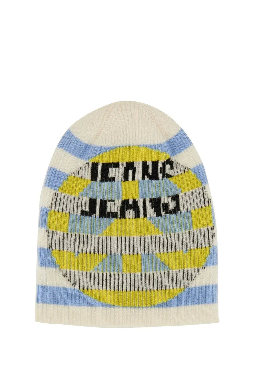 Moschino jeans women’s wool cap multicolor cream knitted beanie with blue and white stripes and yellow black logo patch