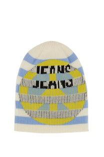 Moschino jeans women’s wool cap multicolor cream knitted beanie with blue and white stripes and yellow black logo patch