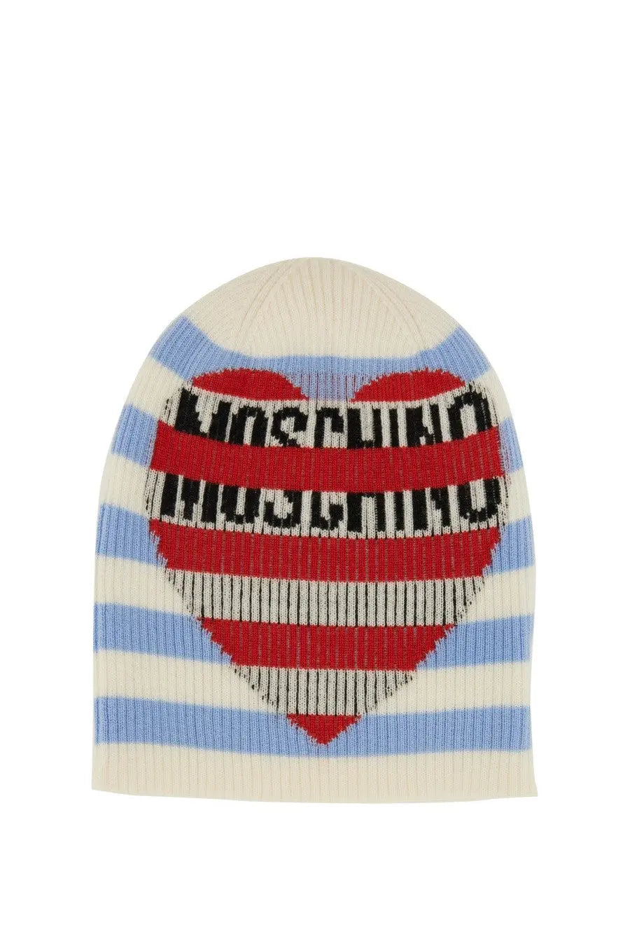 Moschino Jeans women’s wool cap with cream and light blue stripes and a red heart featuring moschino logo
