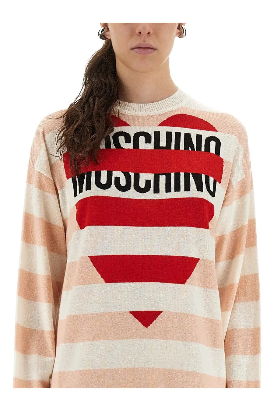 Moschino jeans women’s wool mini dress in blue with a soft peach and white striped knit sweater and bold red heart design