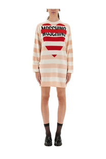 Moschino jeans women’s wool mini dress blue with soft peach white stripes and bold red heart graphic with logo