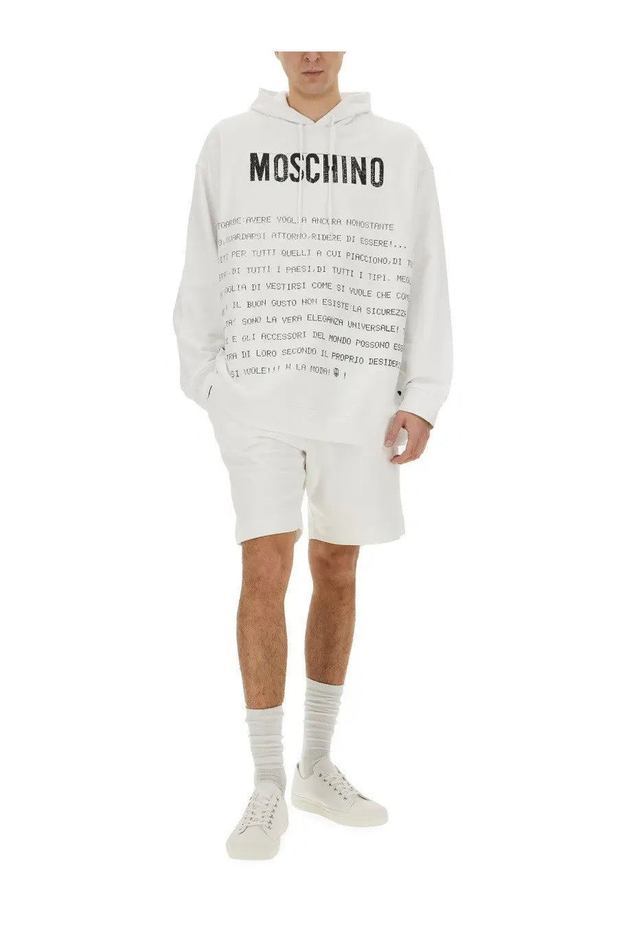 Moschino men’s archive message hoodie white featuring bold black lettering on front and sleeves in cotton material