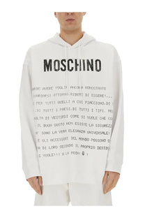 Moschino men’s archive message hoodie white with bold black lettering on cotton fabric across the chest and front