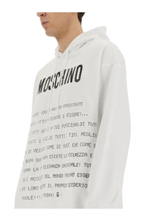 White moschino men’s archive message hoodie with bold black lettering on the chest and front panel in cotton material
