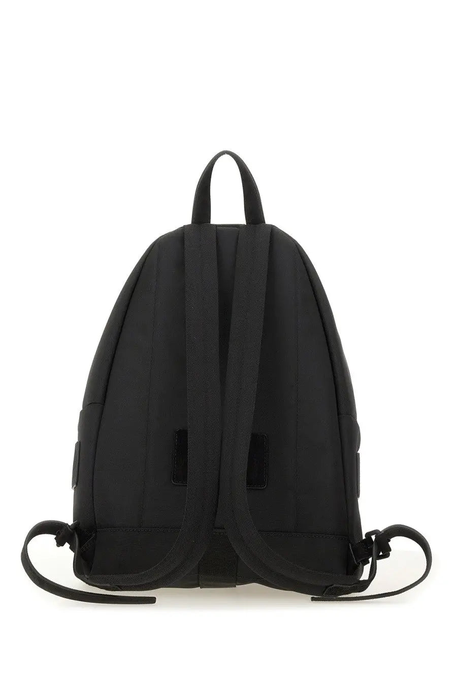 Moschino men’s backpack black made of sleek black nylon with minimalist design and adjustable shoulder straps shown from back
