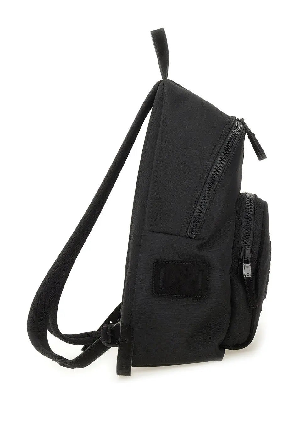 Moschino men’s black nylon backpack with front patch pocket and multiple zippers for secure storage