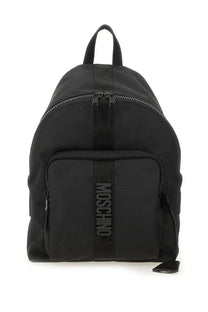 Moschino men’s black backpack with sleek minimalist design and bold vertical branding on front pocket