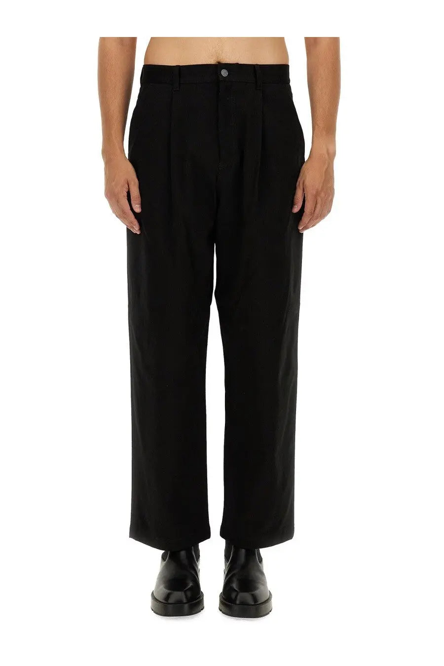 Moschino men’s barcode pant black wide-leg trousers with pleats and a sleek modern cut in smooth fabric