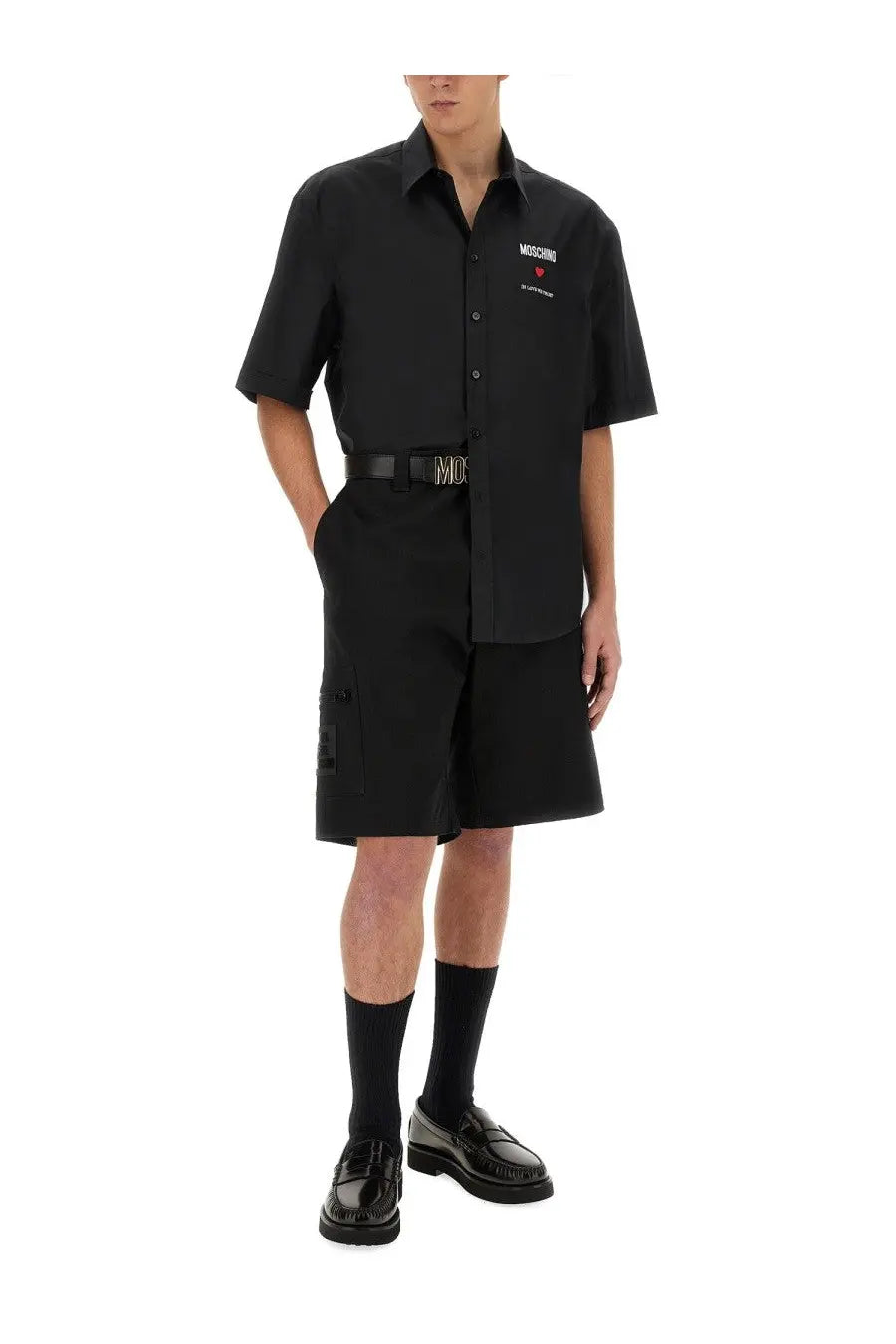 Moschino men’s Bermuda black short-sleeved button-up shirt with white logo embroidery on the chest
