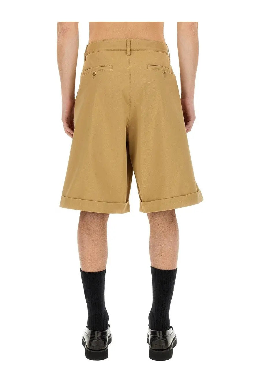 Moschino men’s bermuda cargo beige tan pleated shorts with rolled cuffs and gold-tone button details