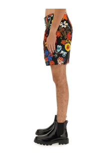 Black floral print mini skirt with vibrant orange blue and yellow flowers in moschino men’s bermuda multicolor design
