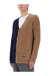 Moschino men’s bicolor cable knit cardigan in tan and navy blue with diamond patterned ribbing on front panels