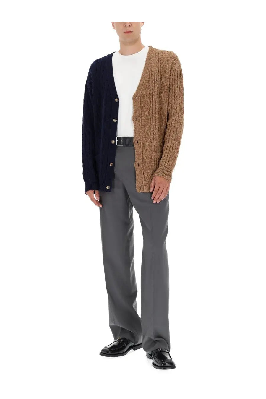 Moschino men’s bicolor cardigan brown with two-tone navy blue and tan cable-knit and silver buttons