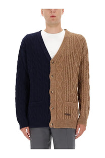 Moschino men’s bicolor cardigan in navy blue and tan cable knit with v-neck button closure and front pockets