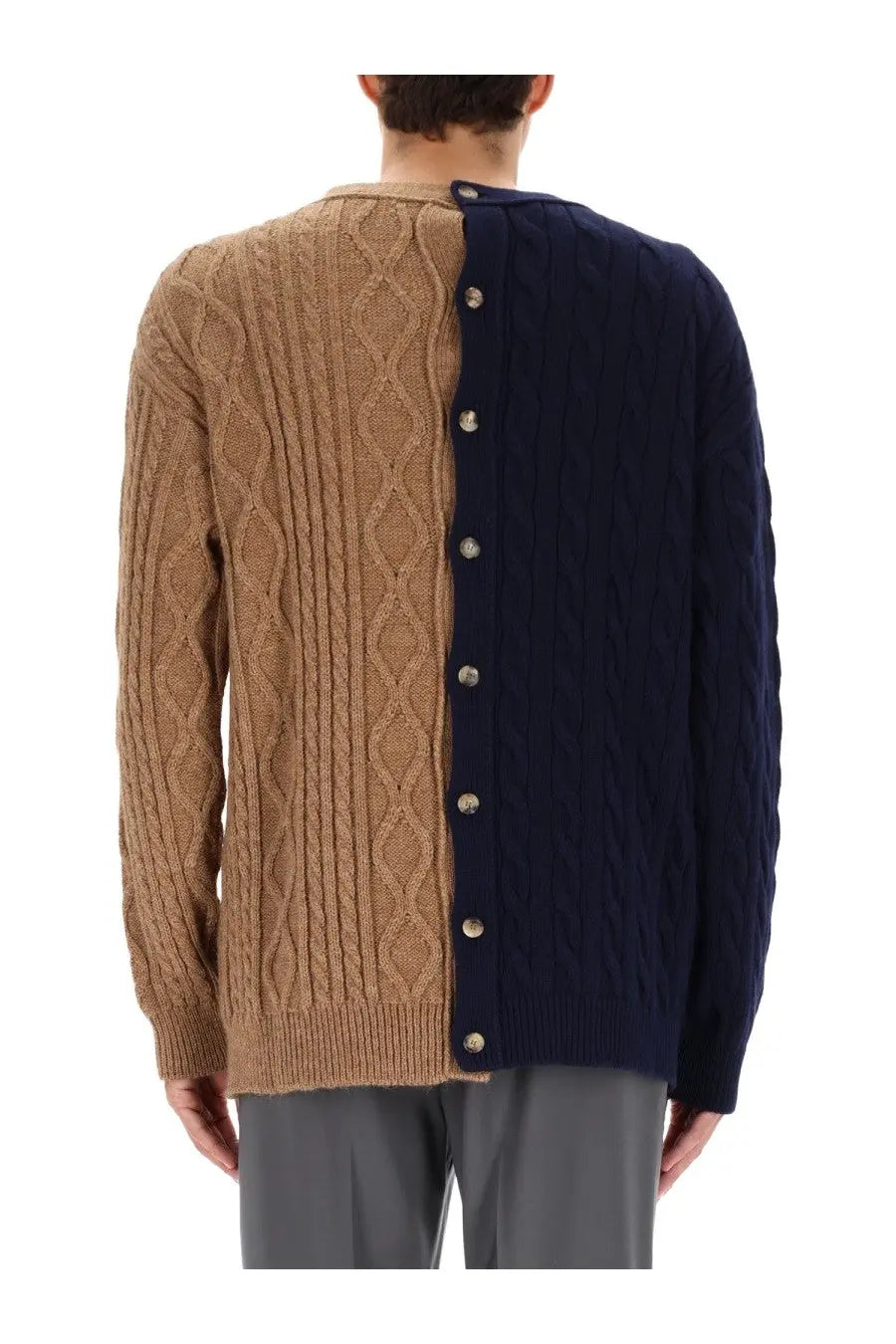 Moschino men’s bicolor cardigan back view with beige and navy blue cable-knit and silver button closure