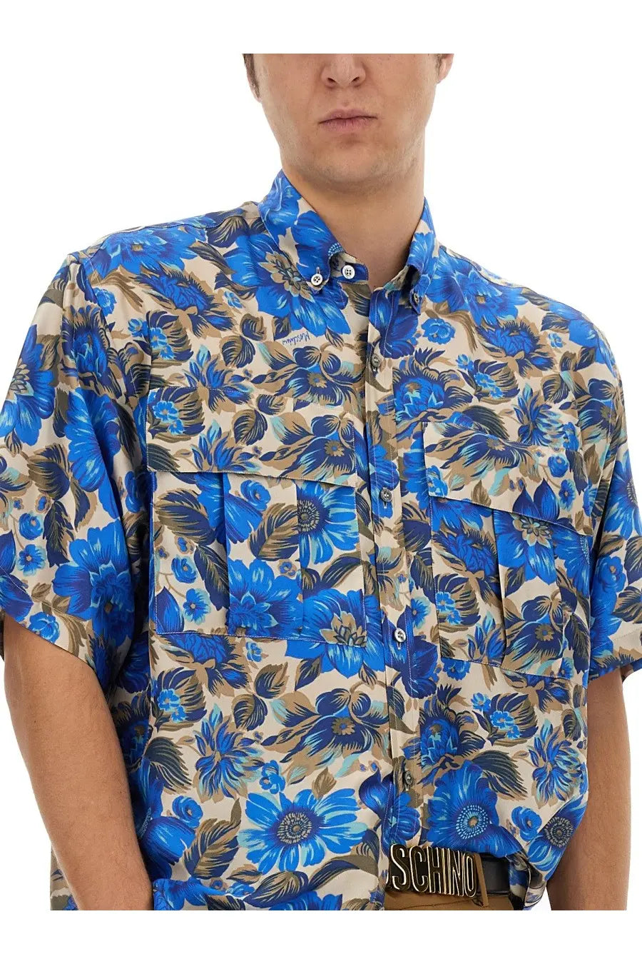 Moschino men’s blue floral print short-sleeved button-up shirt with beige brown accents and two front pockets