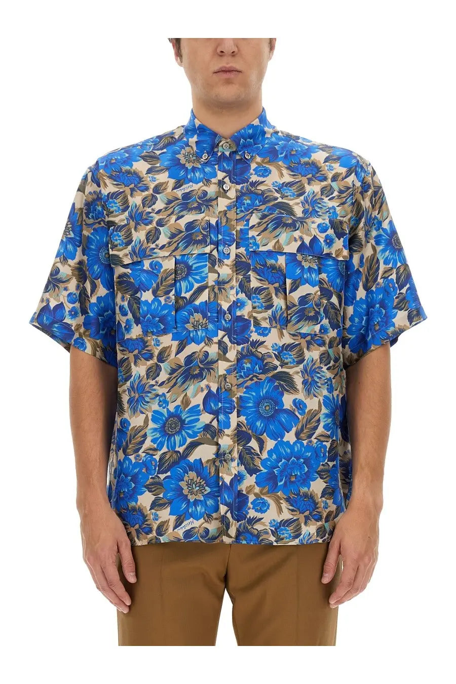 Moschino men’s blue floral print short-sleeved button-up shirt with beige and dark green accents