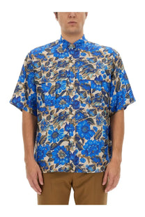 Moschino men’s blue floral print short-sleeved button-up shirt with beige and dark green accents