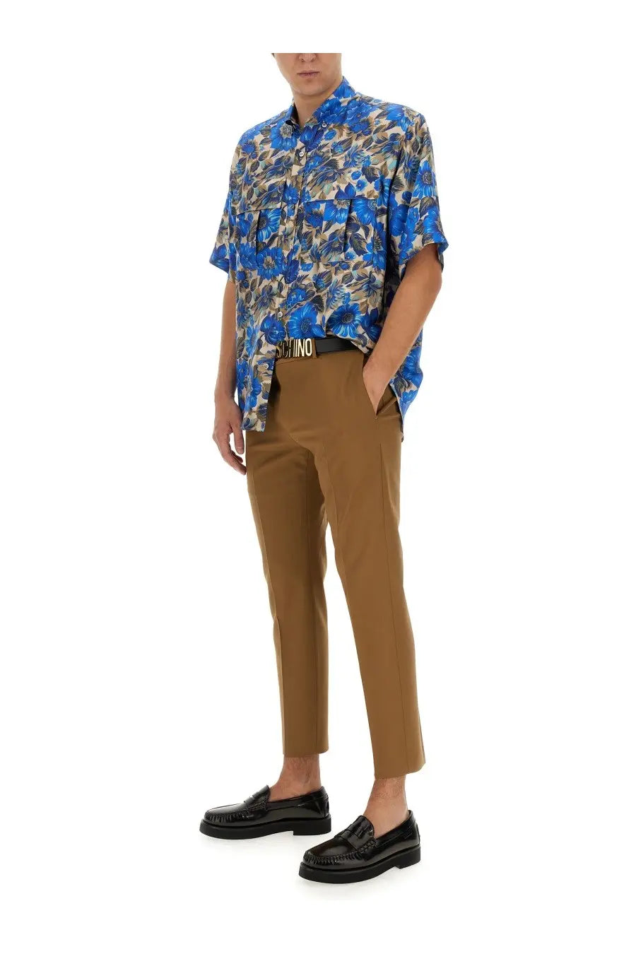 Moschino men’s blue floral-patterned short-sleeved shirt with button-down collar and front pockets multicolor