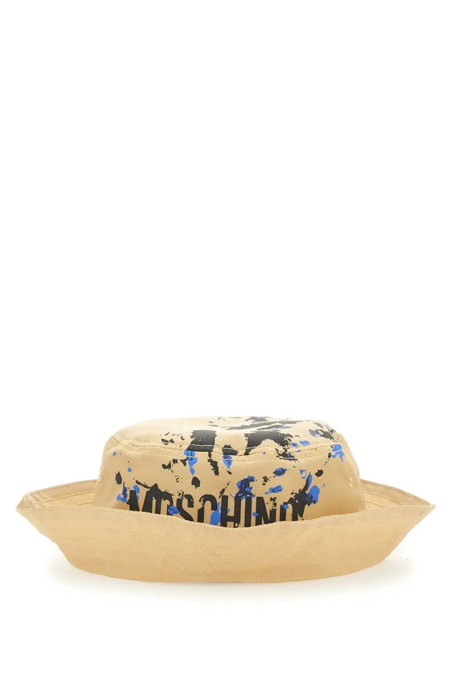 Beige moschino men’s bucket hat with black and blue paint splatter design for casual wear
