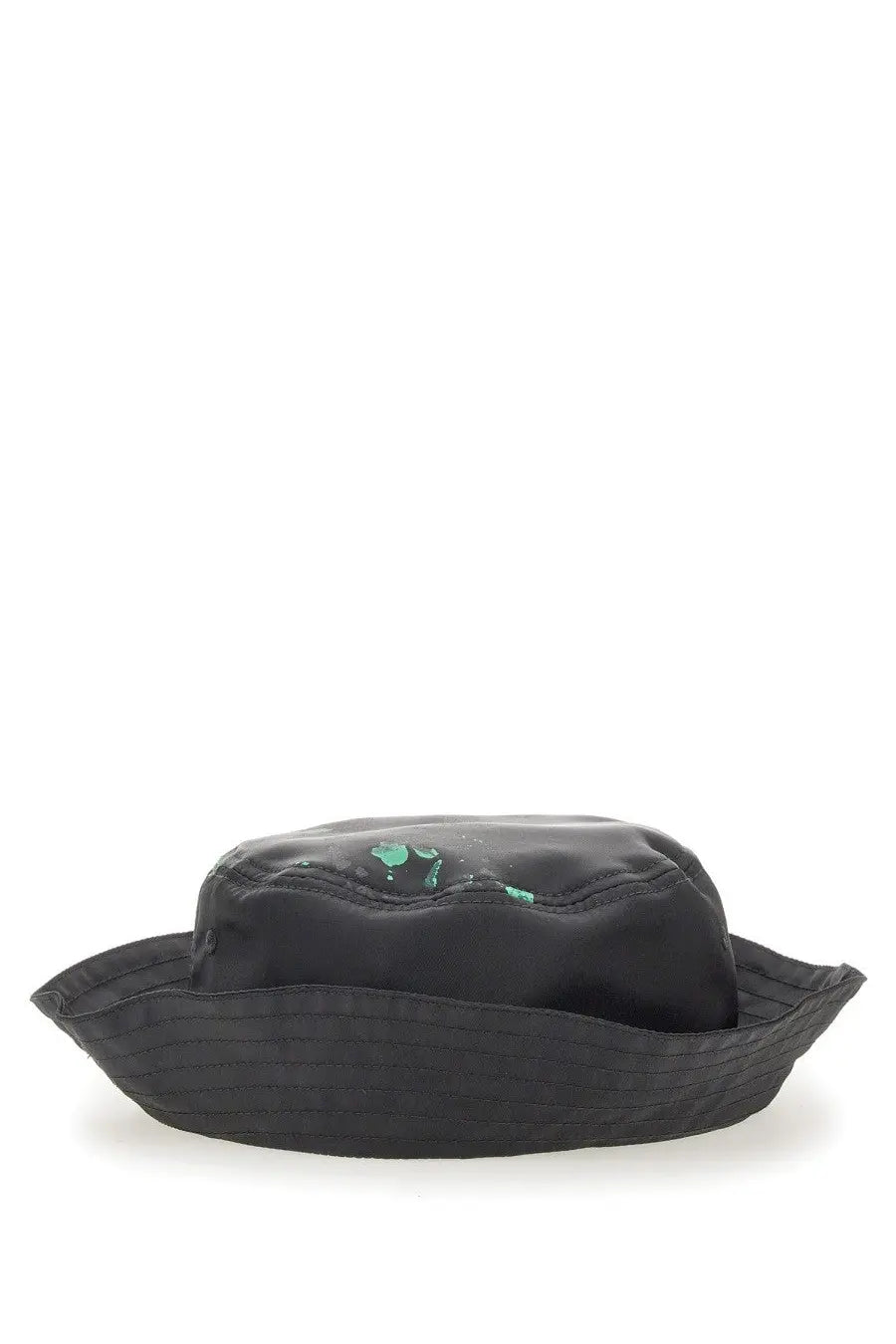 Moschino men’s black bucket hat with glossy crown and green paint splatter detailing