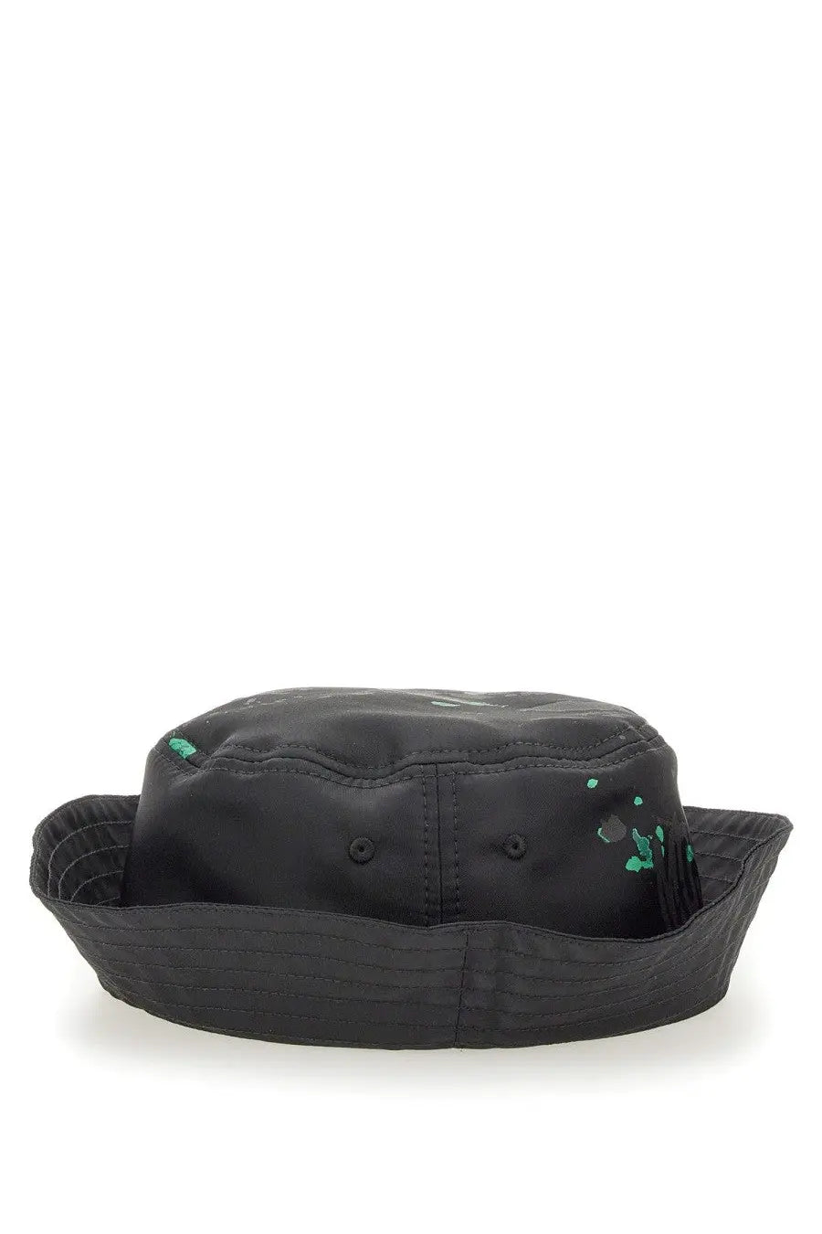 Moschino men’s black bucket hat with subtle teal paint splatter accents in a casual cotton design