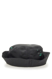Moschino men’s black bucket hat with subtle teal paint splatter accents in a casual cotton design