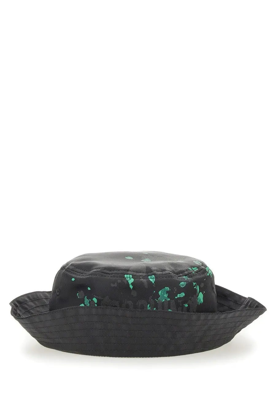 Moschino men’s black bucket hat with teal paint splatter pattern in cotton for stylish casual wear