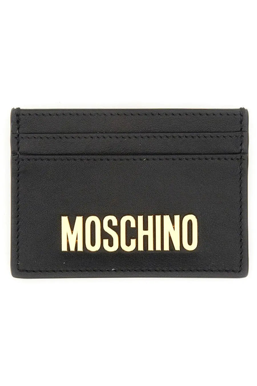 Moschino men’s black leather card holder with gold-tone embossed logo for stylish card organization