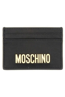 Moschino men’s black leather card holder with gold-tone embossed logo for stylish card organization
