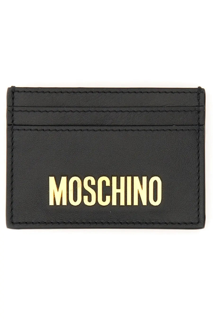 Moschino men’s black leather card holder with gold-tone embossed logo for stylish card storage