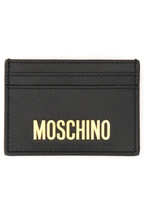 Moschino men’s black leather card holder with gold-tone embossed logo for stylish card storage