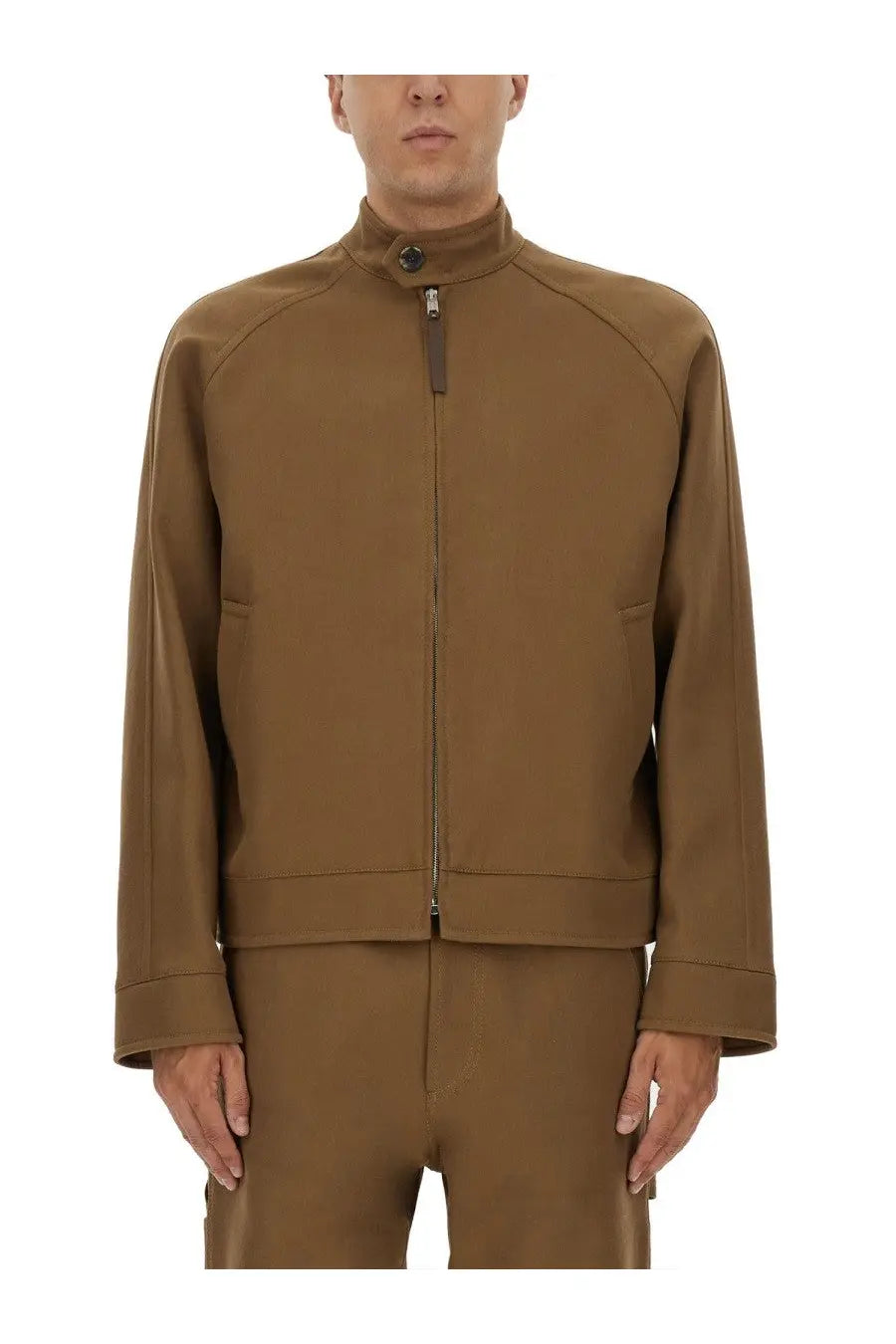 Moschino men’s tan cotton bomber jacket with matte finish and subtle seam detailing for stylish casual wear