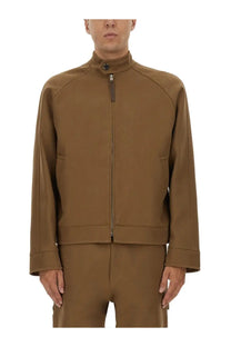 Moschino men’s tan cotton bomber jacket with matte finish and subtle seam detailing for stylish casual wear