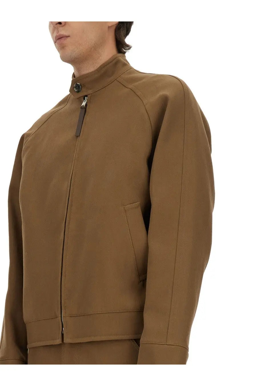 Tan moschino men’s cotton bomber jacket with high collar and front zipper in structured design