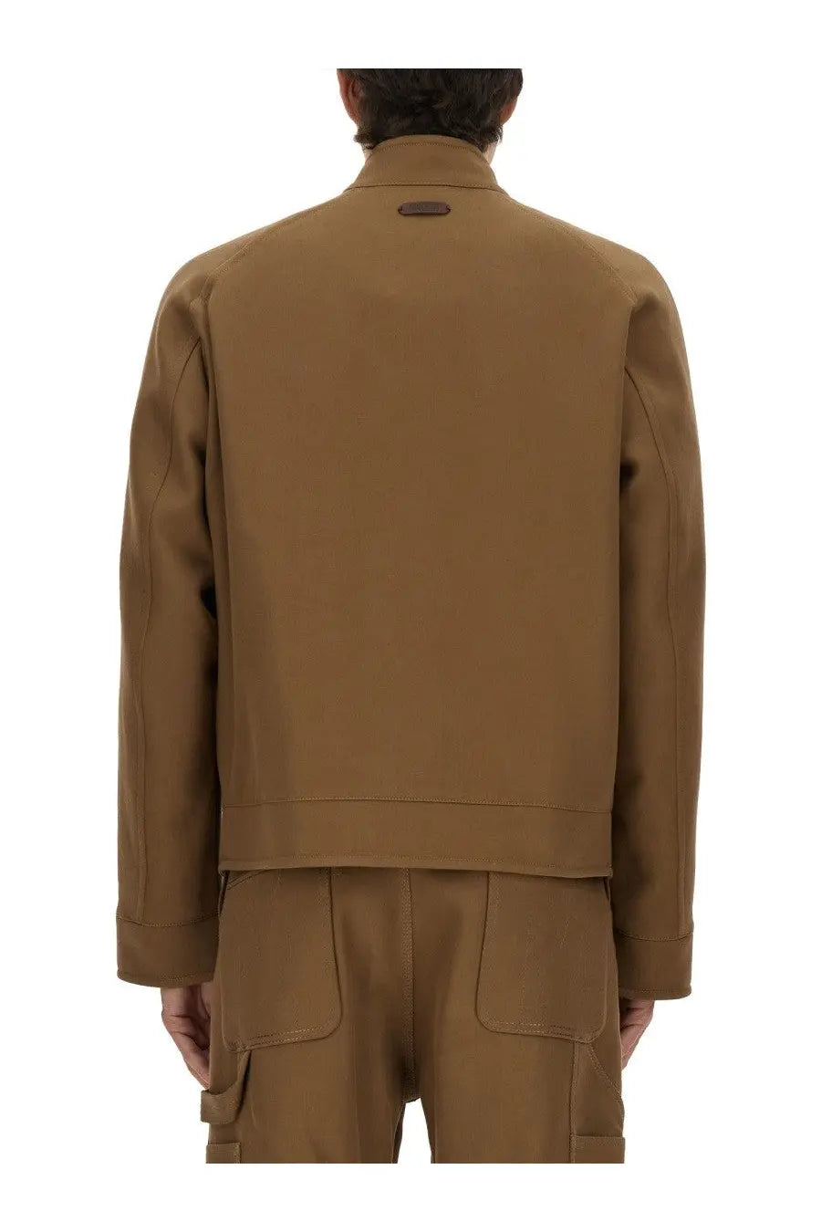 Moschino men’s brown cotton utility jacket with structured collar and subtle stitching details