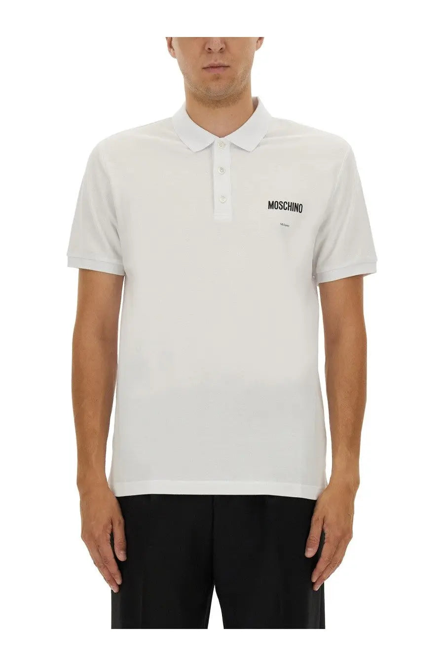 Moschino men’s white cotton pique polo shirt with black embroidered branding on the chest