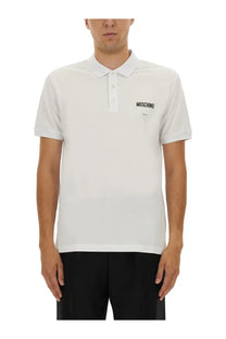 Moschino men’s white cotton pique polo shirt with black embroidered branding on the chest