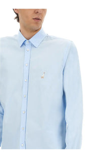 Moschino men’s light blue cotton poplin button-down shirt with small embroidered goose logo on left chest