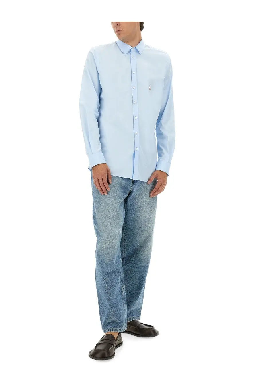Light blue Moschino men’s cotton poplin shirt with long sleeves and subtle embroidered logo on the left chest