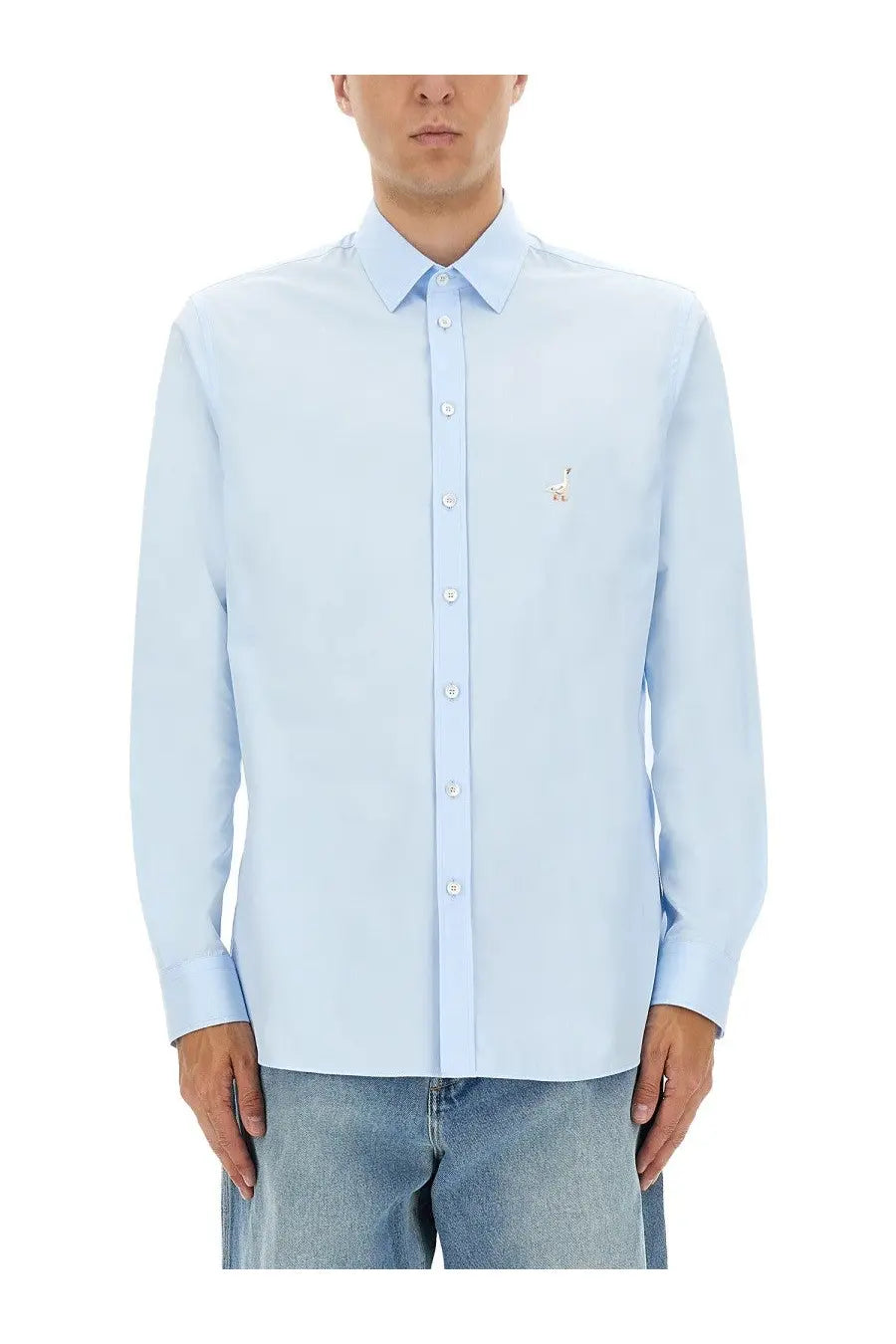Light blue Moschino men’s cotton poplin shirt with long sleeves and small embroidered animal on left chest
