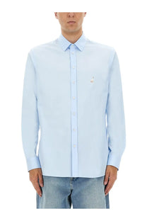 Light blue Moschino men’s cotton poplin shirt with long sleeves and small embroidered animal on left chest