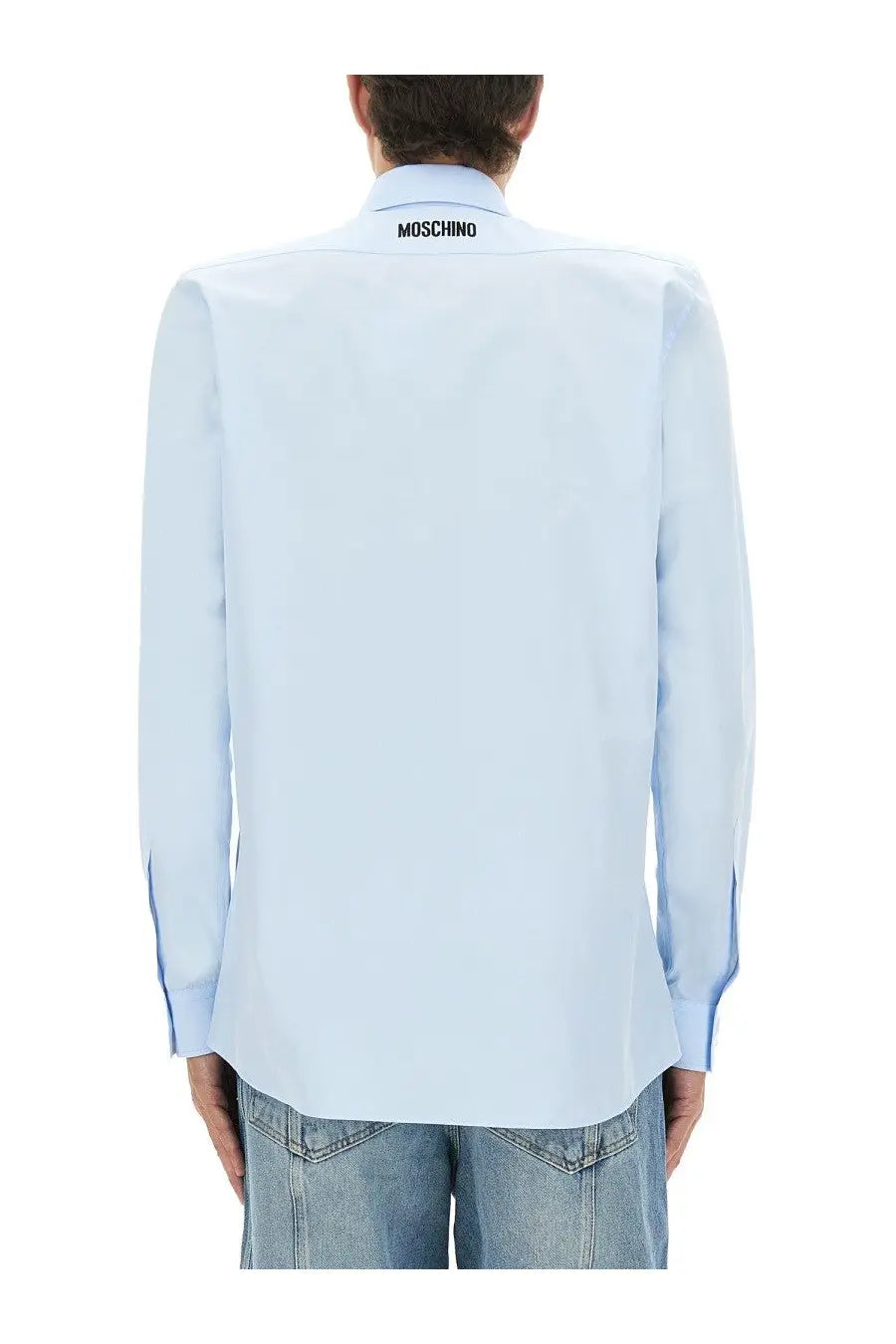 Light blue moschino men’s cotton poplin long-sleeved dress shirt with black logo at the collar