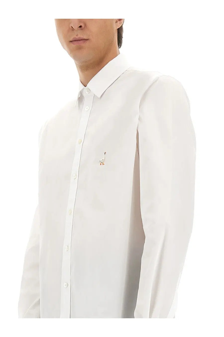 Moschino men’s white cotton poplin shirt with button-down collar and small embroidered logo on left chest