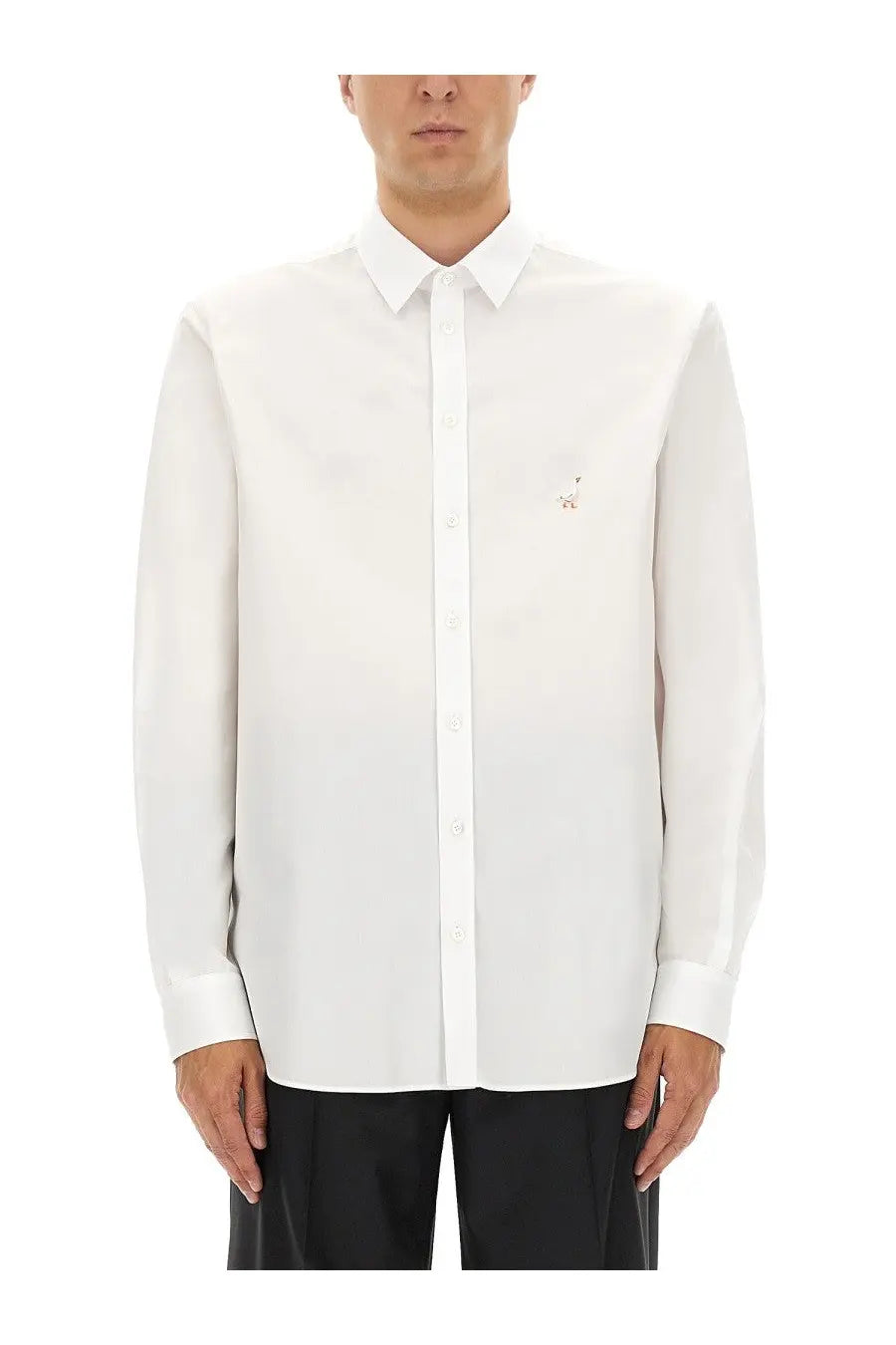 Moschino men’s white cotton poplin shirt with long sleeves and subtle embroidered logo on the left chest