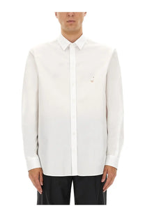 Moschino men’s white cotton poplin shirt with long sleeves and subtle embroidered logo on the left chest