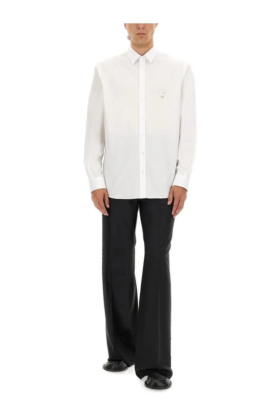 Moschino men’s white cotton poplin shirt with long sleeves button-up front and subtle embroidered logo on left chest
