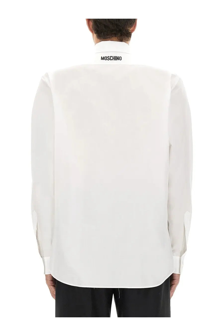 White moschino men’s cotton poplin long-sleeved shirt with crisp collar and subtle branding at back neckline